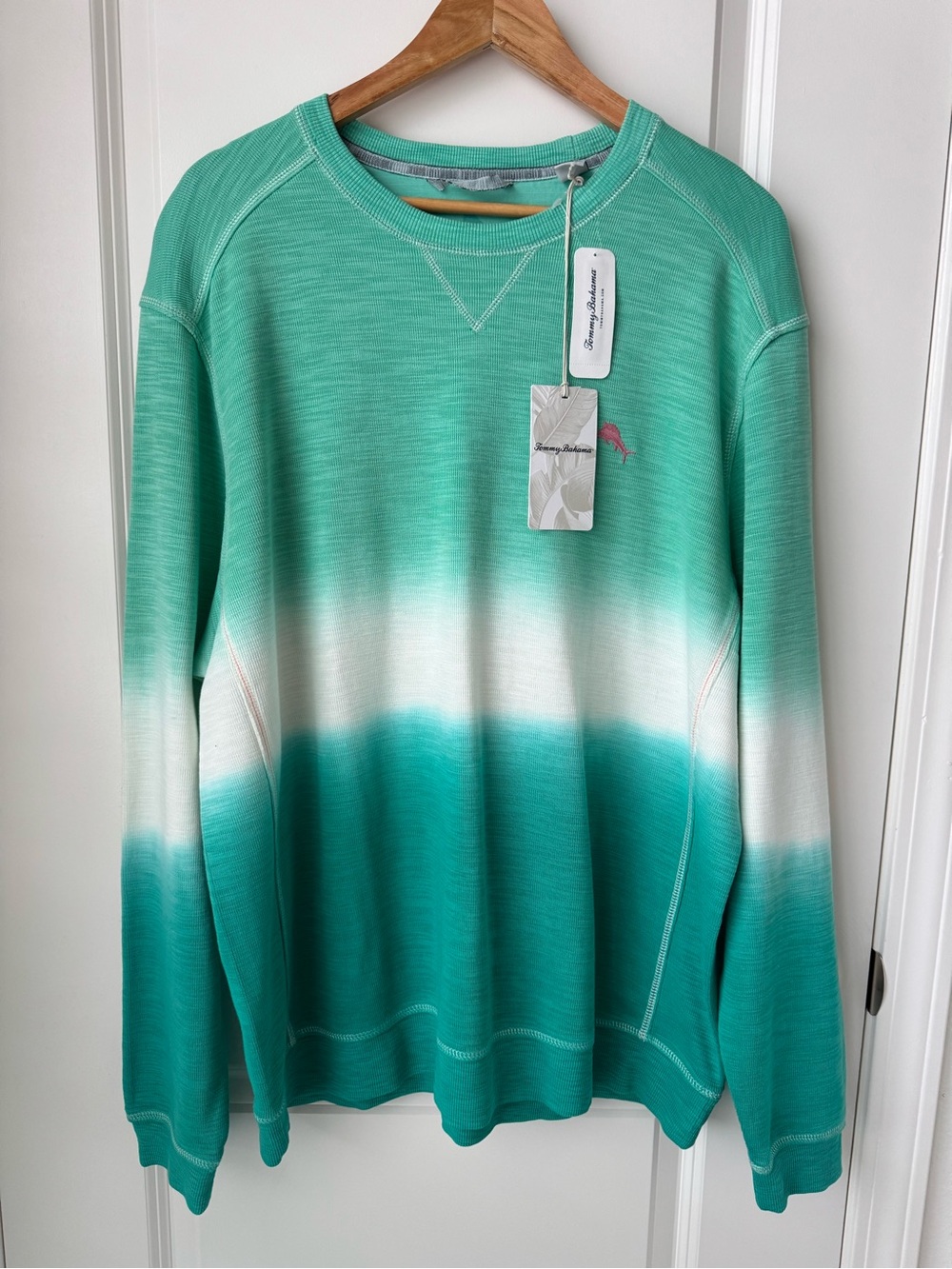 Tommy Bahama Turquoise Crewneck Sweater with Pink Marlin Logo